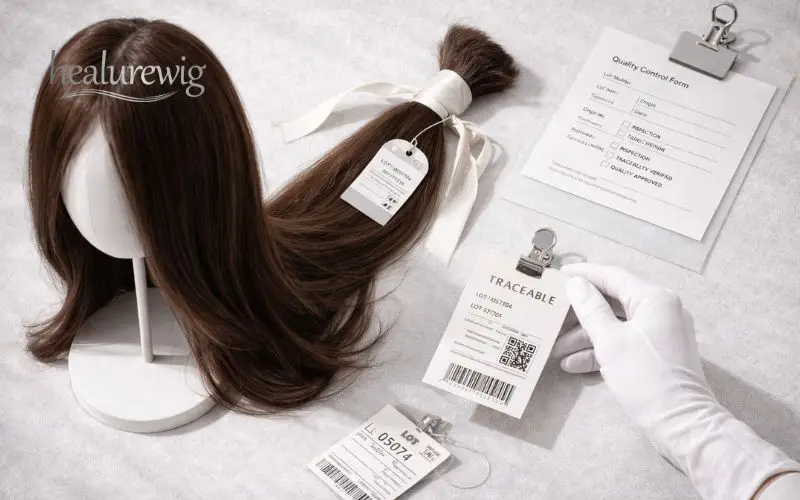 Traceable human hair wig sourcing process with quality control tags 
