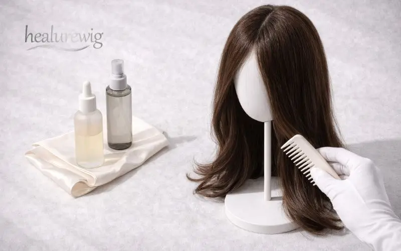  Human hair wig care routine with serum comb and soft maintenance styling setup
