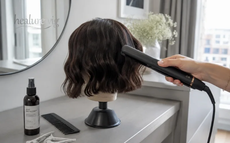 Heat styling a human hair wig into soft wavy bob waves