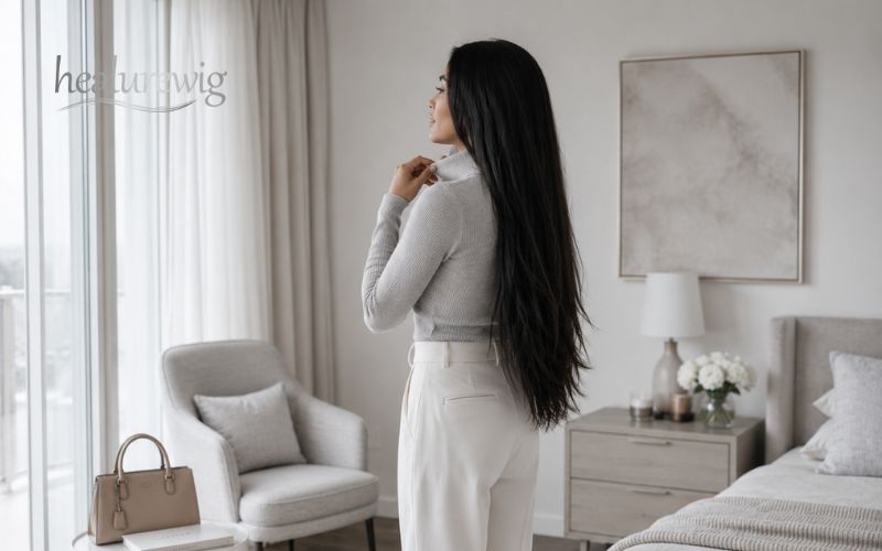  Long human hair wig creating an elegant flowing silhouette