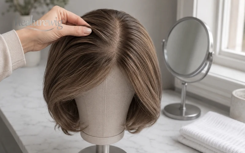 Monofilament wig cap showing sheer mesh and natural scalp illusion