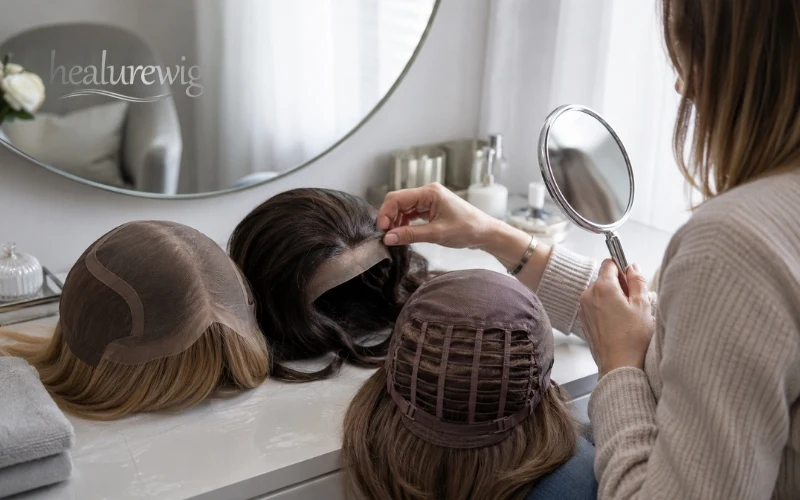 Human hair and synthetic monofilament wigs compared for texture and movement