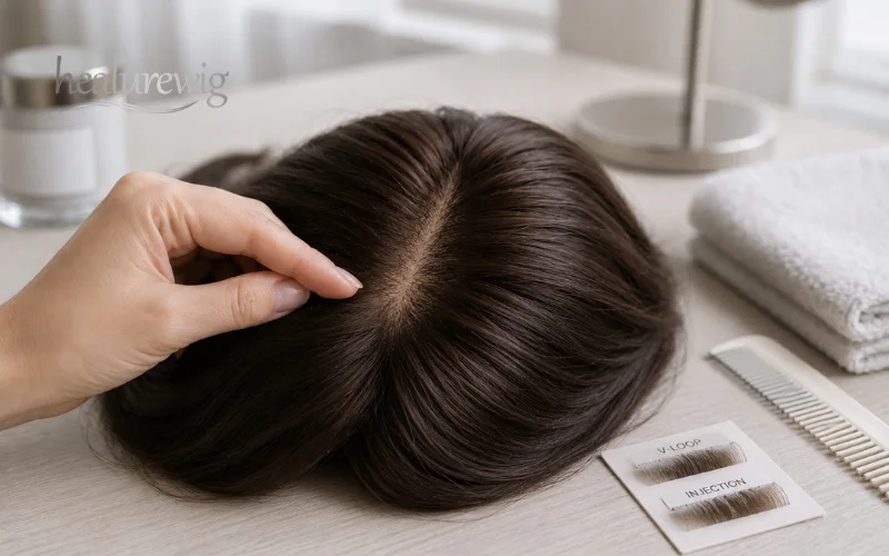 Hair secured into a PU skin wig base with a natural scalp effect Hair secured into a PU skin wig base with a natural scalp effect