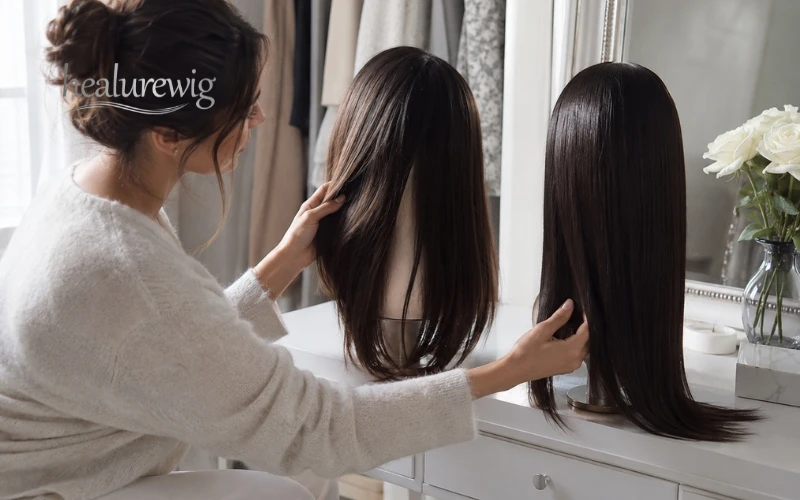 Natural straight and bone straight human hair wigs compared by texture
