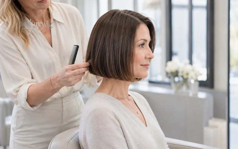 Stylist refining the precise structure of a premium human hair bob wig Stylist refining the precise structure of a premium human hair bob wig