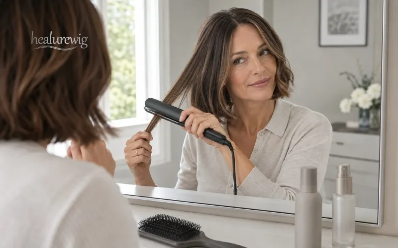 Woman styling a human hair bob wig with a sleek inward-curved finish Woman styling a human hair bob wig with a sleek inward-curved finish