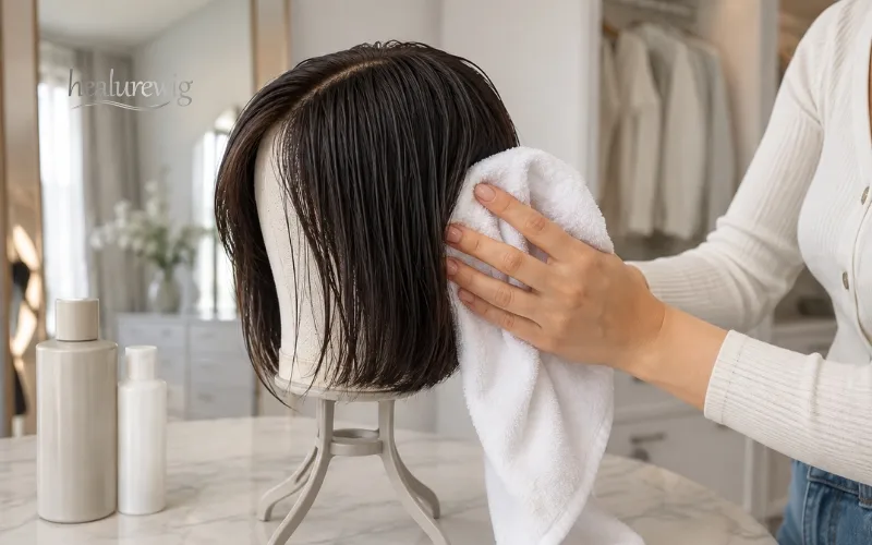 Human hair bob wig air-drying on a stand to preserve its precise silhouette Human hair bob wig air-drying on a stand to preserve its precise silhouette
