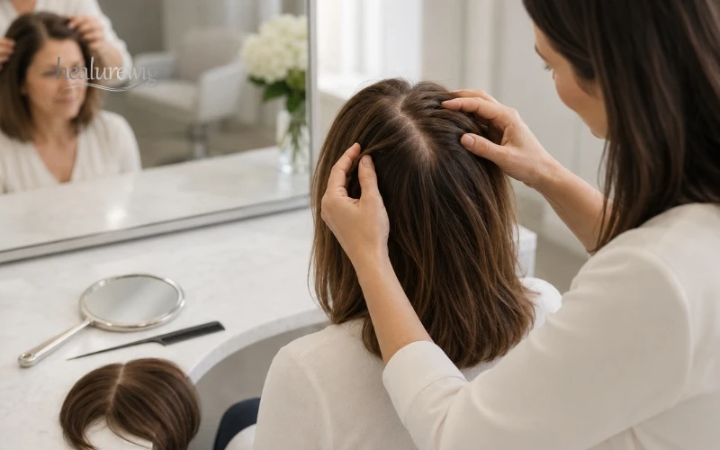 Hair specialist assessing a woman’s hair loss pattern before choosing a hairstyle