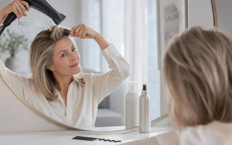 Woman using root-lifting styling techniques to make thinning hair look fuller