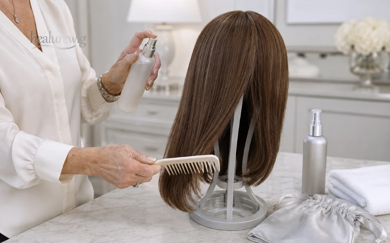 Gentle care routine protecting the longevity of a human hair wig or topper
