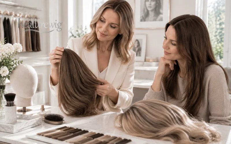 Stylist comparing authentic human hair wigs and synthetic blend materials
