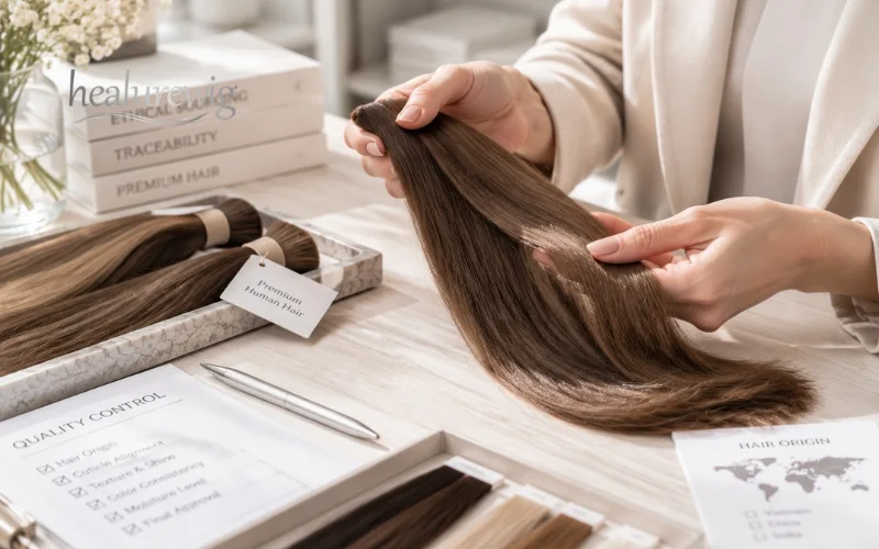 Quality specialist inspecting ethically sourced human hair bundles for wig production
