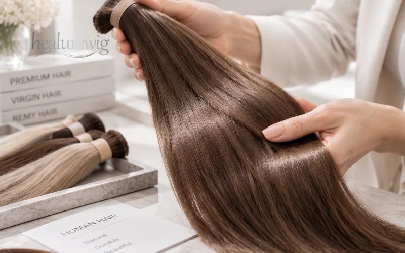 Close up of virgin Remy human hair showing smooth aligned cuticles