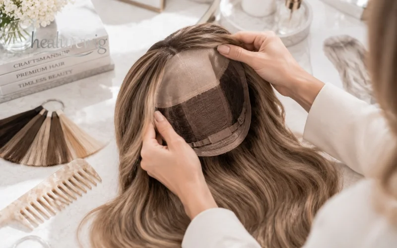 Premium wig cap construction with silk top and lace details