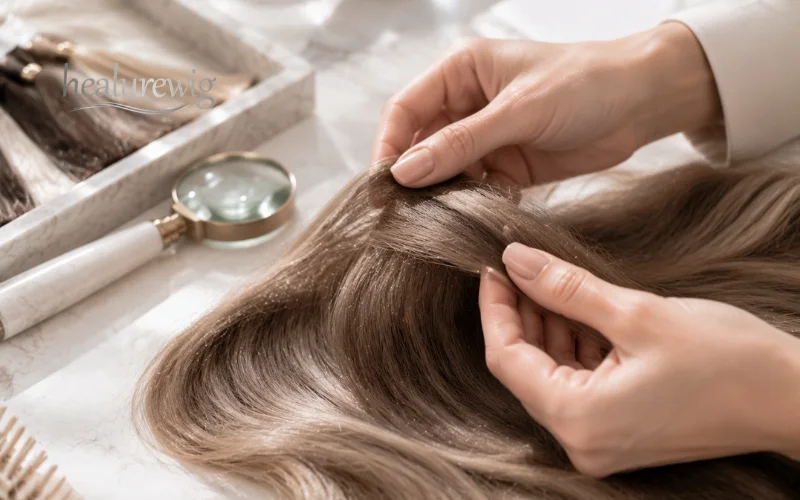 Professional checking human hair texture to verify wig authenticity
