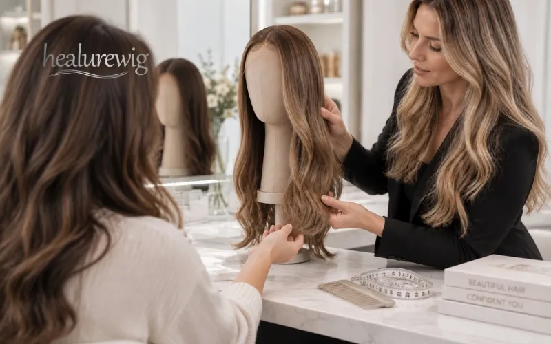 Stylist explaining the true finish length measurement of a human hair wig Stylist explaining the true finish length measurement of a human hair wig