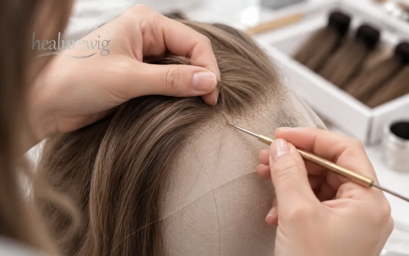 Artisan hand tying human hair strands onto a lace wig base during production Artisan hand tying human hair strands onto a lace wig base during production