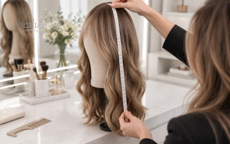 Professional measuring crown to tip finish length of a human hair wig Professional measuring crown to tip finish length of a human hair wig