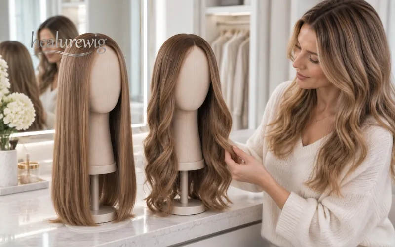 Straight and curly human hair wigs showing different perceived finish lengths Straight and curly human hair wigs showing different perceived finish lengths