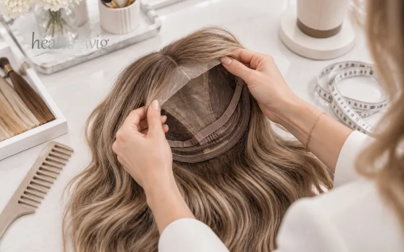 Wig cap construction affecting hair fall and finish length Wig cap construction affecting hair fall and finish length