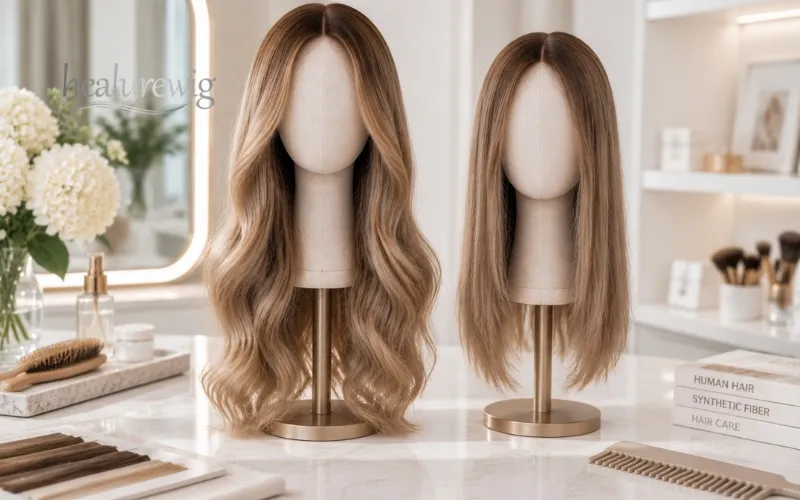 Premium human hair wig maintaining thickness and length compared with synthetic fibers Premium human hair wig maintaining thickness and length compared with synthetic fibers