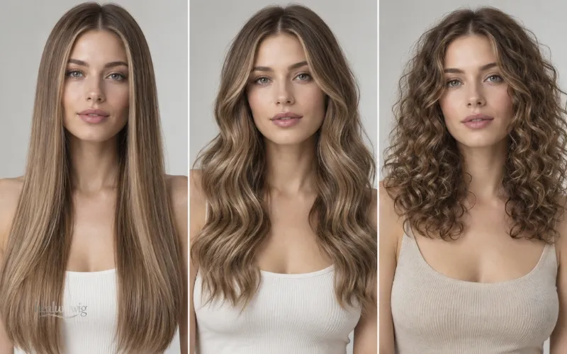 Comparison of straight wavy and curly human hair wig textures showing different visual lengths
