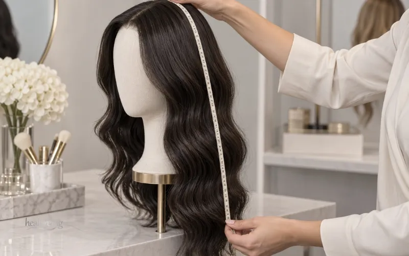 Stylist measuring human hair wig length from crown to tip with measuring tape