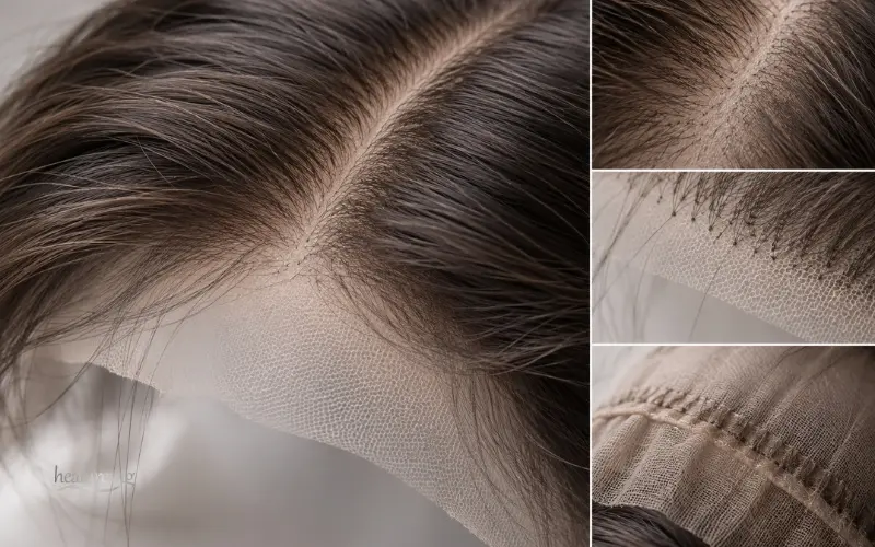 Close up of premium human hair wig craftsmanship with silk top and natural hair strands