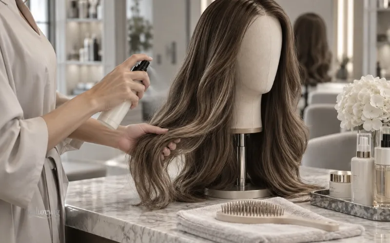 Professional caring for a premium human hair wig to maintain softness and length