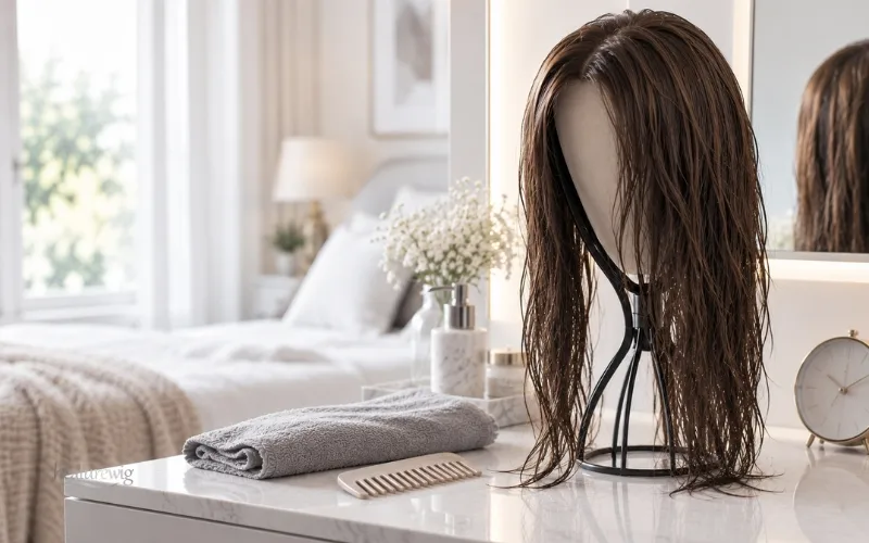 Wet human hair wig air drying naturally on an open wig stand indoors