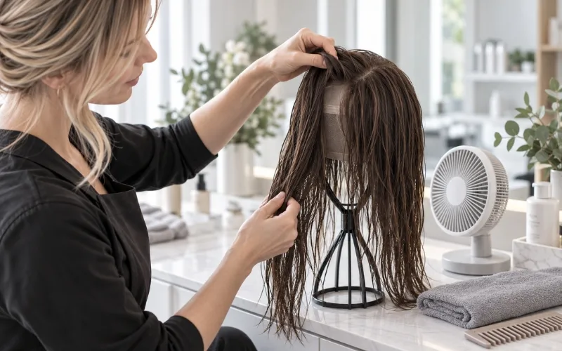 Stylist checking the density and cap construction of a wet human hair wig