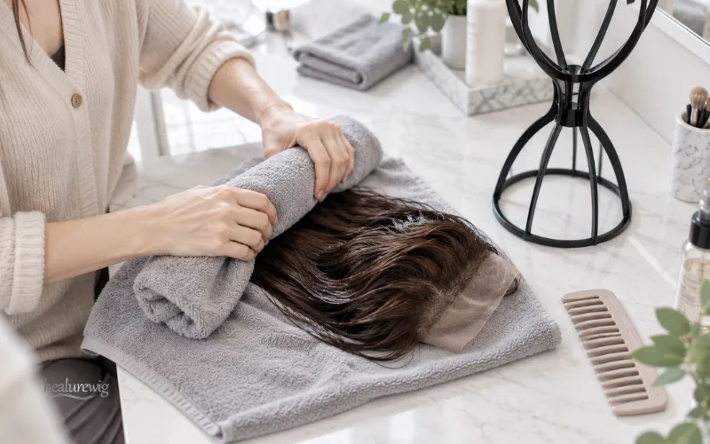 Woman gently removing excess water from a wet human hair wig with a microfiber towel
