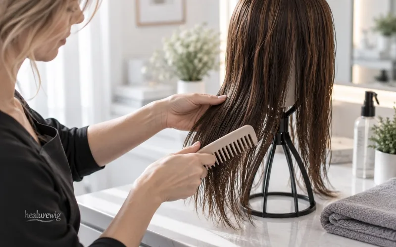 Stylist gently combing a partially dry human hair wig with a wide tooth comb