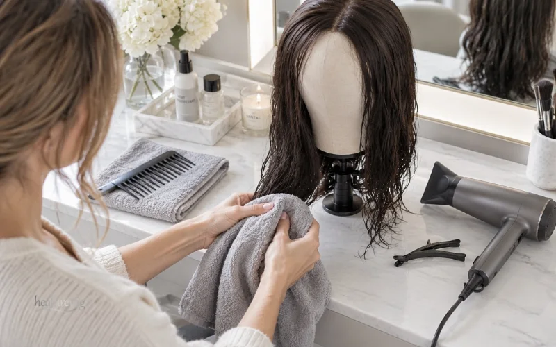 Preparing a human hair wig with a microfiber towel and heat protectant before blow drying