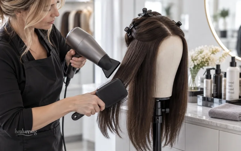 Stylist blow drying a human hair wig section by section with a paddle brush

