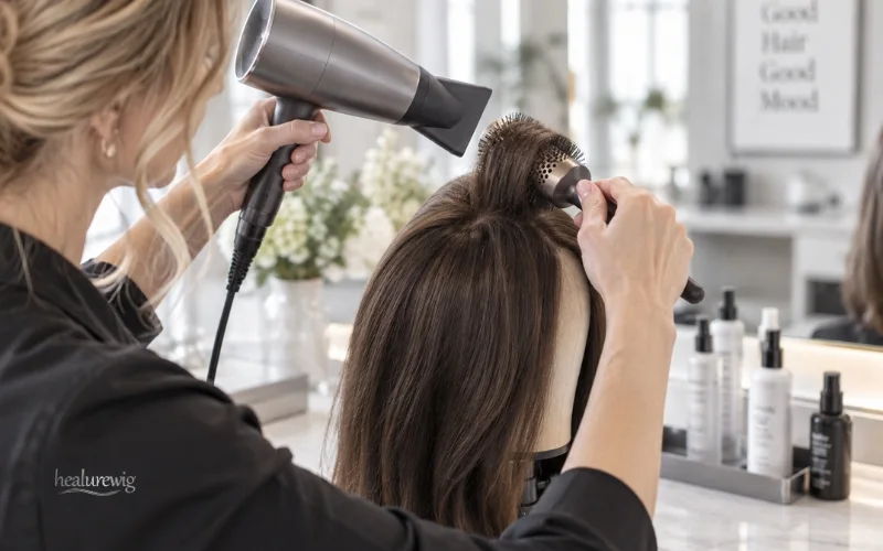 Stylist creating natural crown volume while blow drying a premium human hair wig