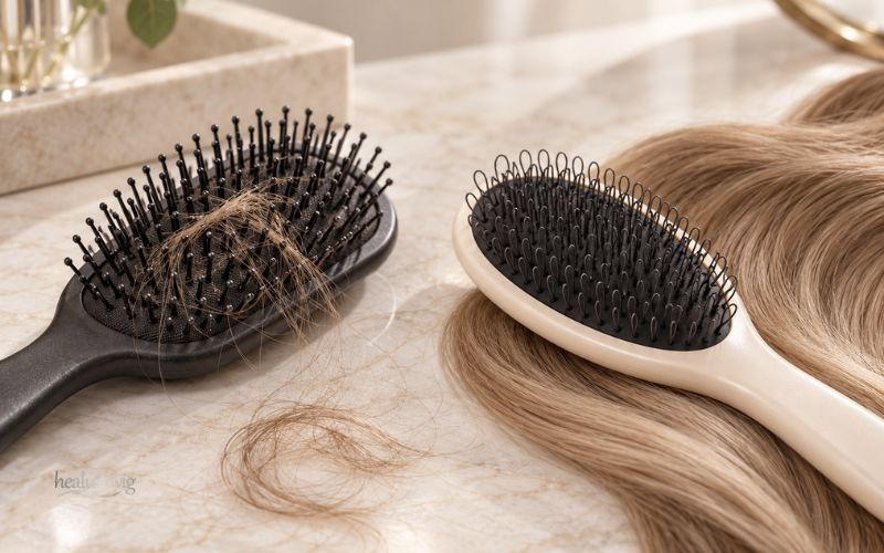 Comparison of a standard hairbrush and a gentle looper brush for premium wigs Comparison of a standard hairbrush and a gentle looper brush for premium wigs