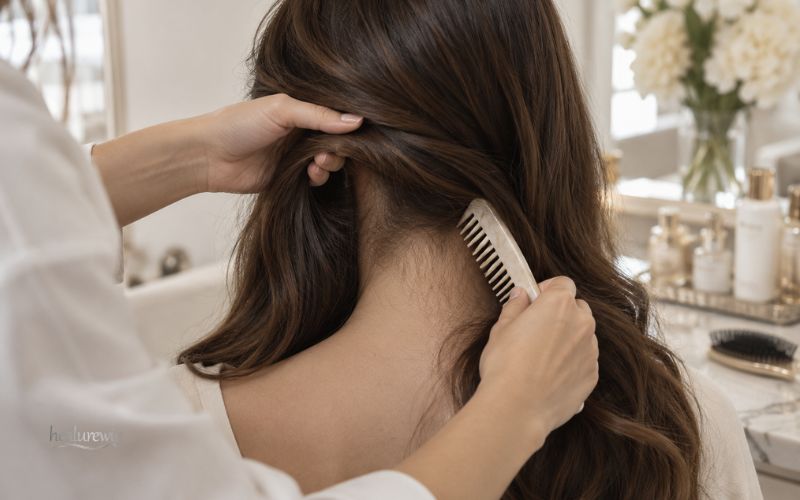 Stylist gently detangling the nape of a long human hair wig to prevent matting Stylist gently detangling the nape of a long human hair wig to prevent matting