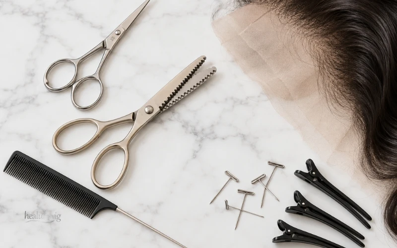 Professional tools for safely trimming and customizing a lace front wig