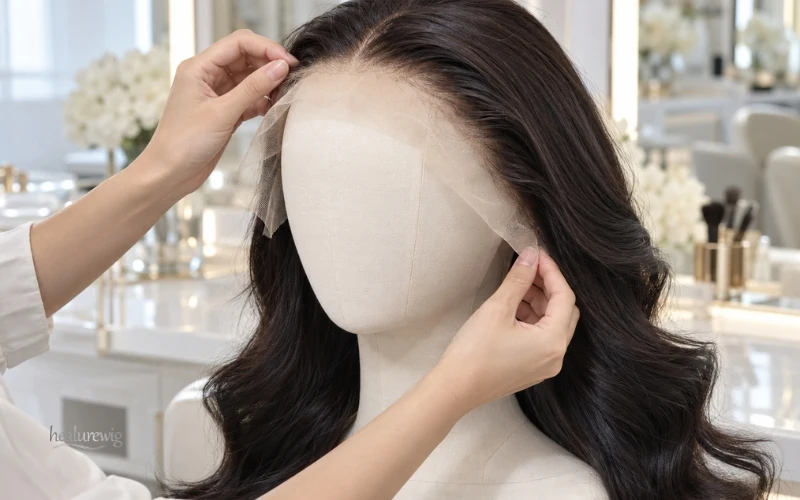 Stylist checking lace placement to avoid common lace front trimming mistakes