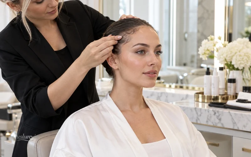 Professional preparation of natural hair and scalp before installing a lace front wig