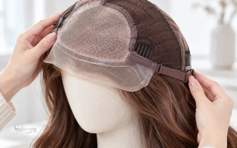 Inside construction of a premium lace front wig showing lace panel and wefted cap