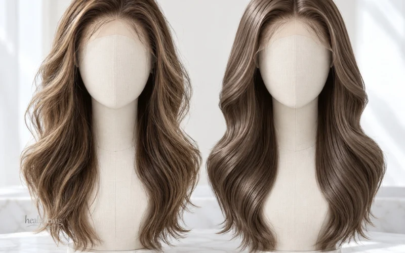 Comparison of human hair and synthetic lace front wigs showing texture and movement differences